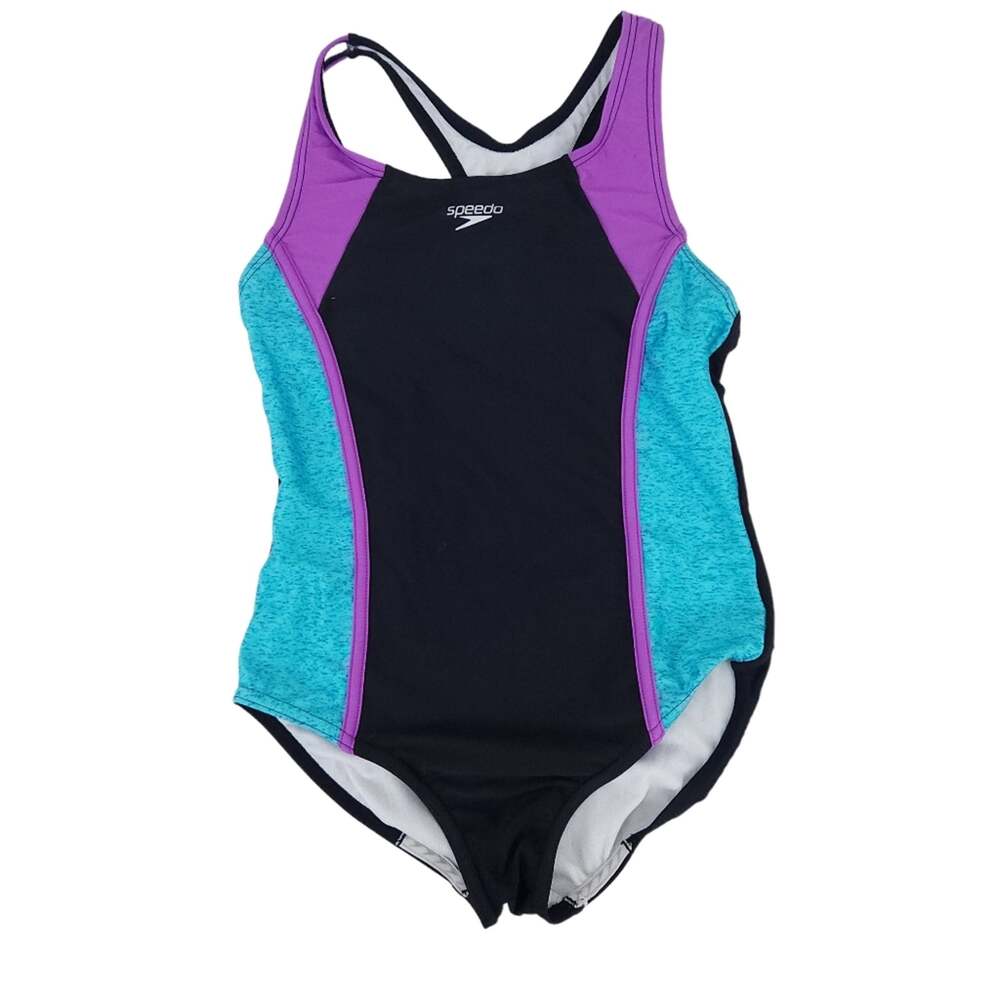 Speedo Girls One Piece Swimsuit Large Colorblock Black Blue Purple Bathing Suit
